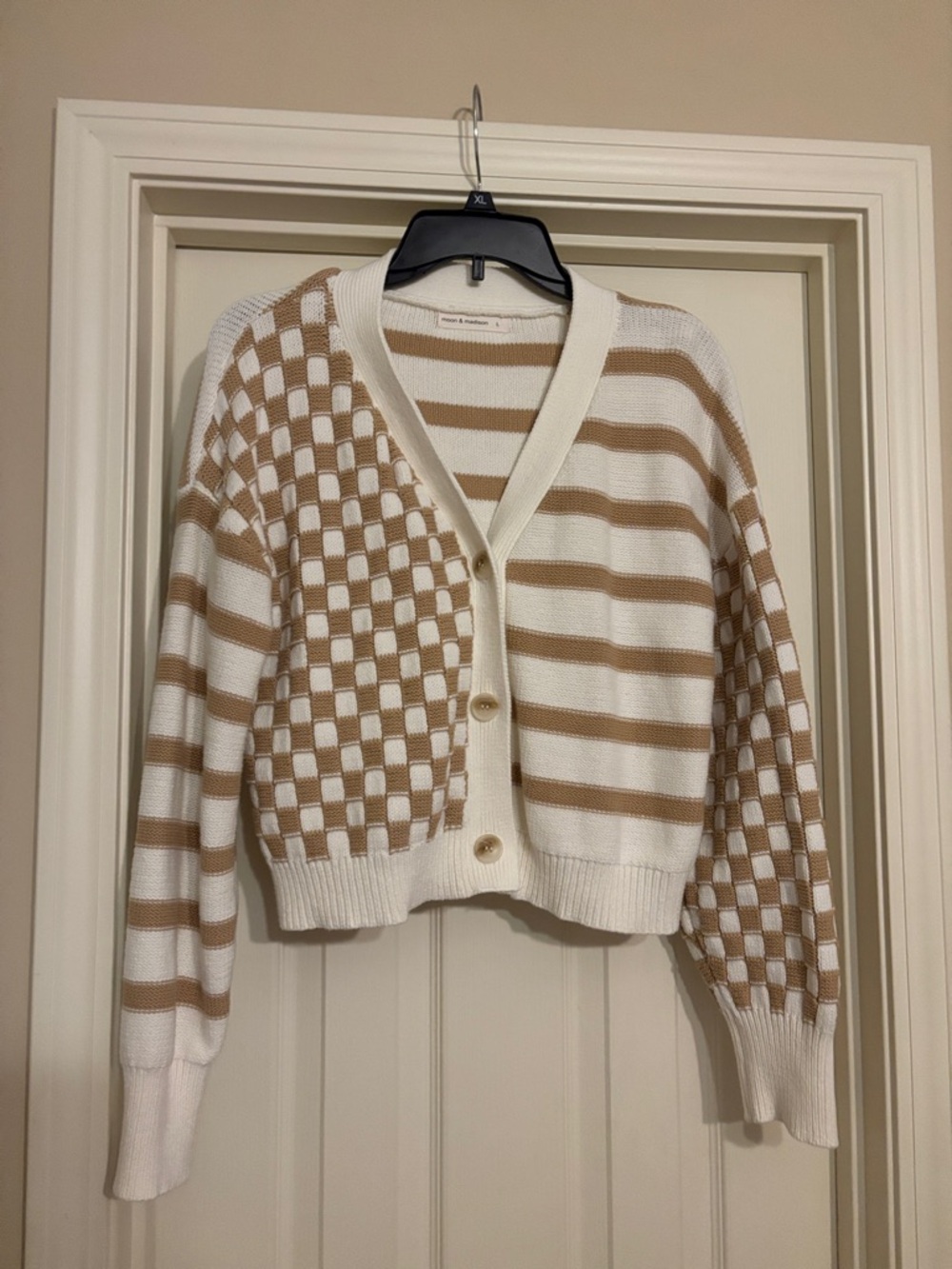 moon & madison Cream and Tan Checker & Stripe Knit Cardigan